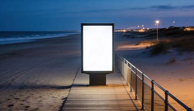 Illuminated Billboard Casting Warm Light on Coastal Boardwalk at Twilight and Empty Beach