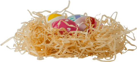 Colorful easter eggs in crafted paper nest on transparent background