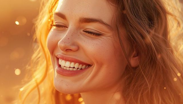 Golden-hour close-up smiling freckled woman with wavy blonde hair and warm bokeh glow