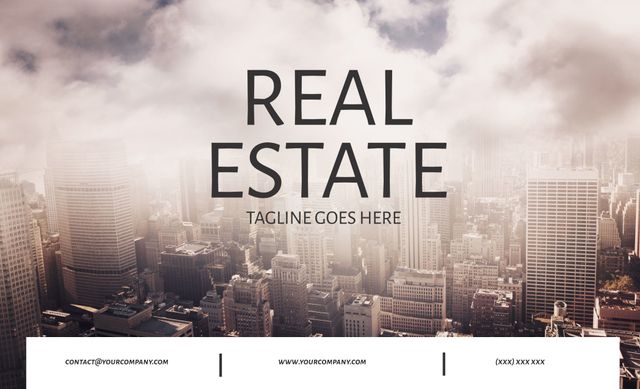 Eye-catching flyer for real estate professionals, perfect for marketing urban properties. It highlights modern cityscape with space for company contact details. Ideal for print materials, brochures, email campaigns, and real estate advertising.