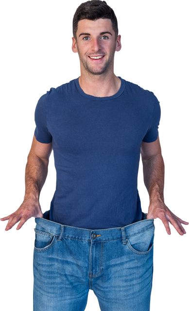 Man in Large Jeans Demonstrating Weight Loss Success on Transparent Background - Download Free Stock Videos Pikwizard.com