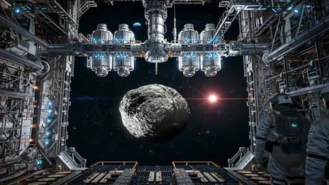 Asteroid Observation from Docking Bay — Astronauts Monitoring Rocky Near-Earth Object