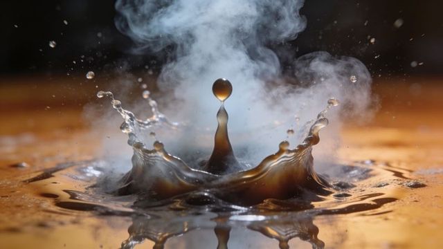 Amber crown splash with central droplet and vapor plume, macro liquid surface closeup
