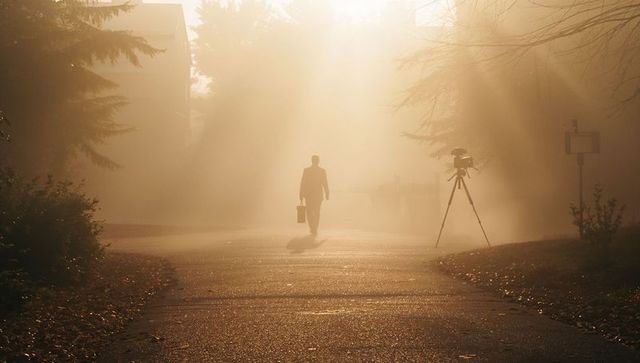 Walking commuter through golden mist carrying briefcase past tripod moody sunrise