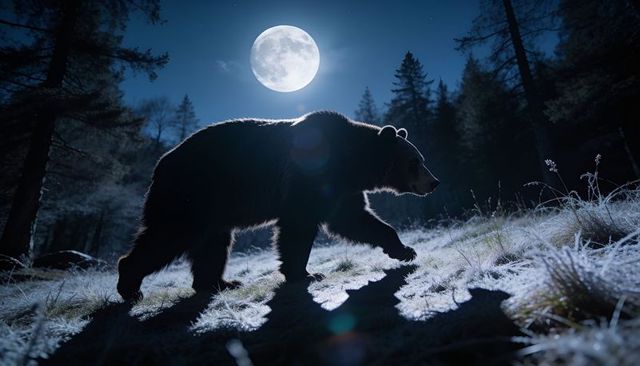 Moonlit bear silhouette crossing frost-covered forest slope under full moon night mood