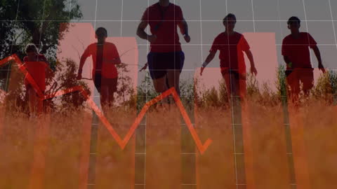 Group Engaged in Outdoor Jogging Overlaid with Data Analytics Graphics
