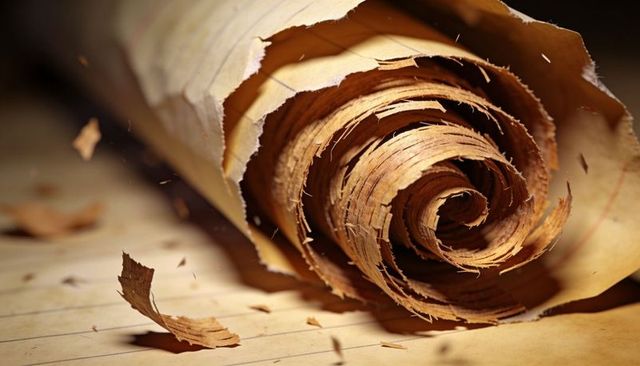 Macro spiral wood shaving curled on lined paper with fibrous texture and warm amber tones