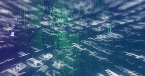 Streaming Code Over Technical Backdrop in High-Tech Data Center