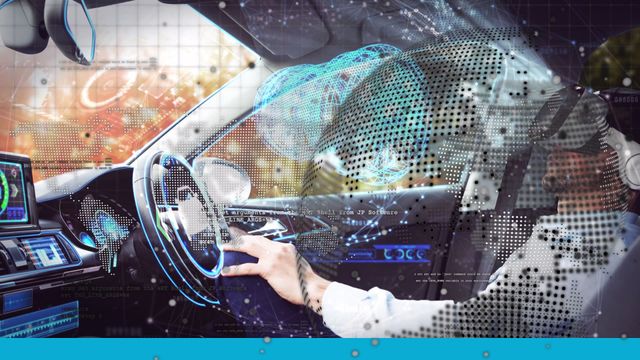 High-tech scene showing a man using a VR headset to drive a futuristic autonomous car. Globe and digital grid animations overlay the view, signifying advanced global technology and cybersecurity. Perfect for showcasing autonomous driving, virtual reality integration, advanced technological concepts, and innovative transportation solutions.