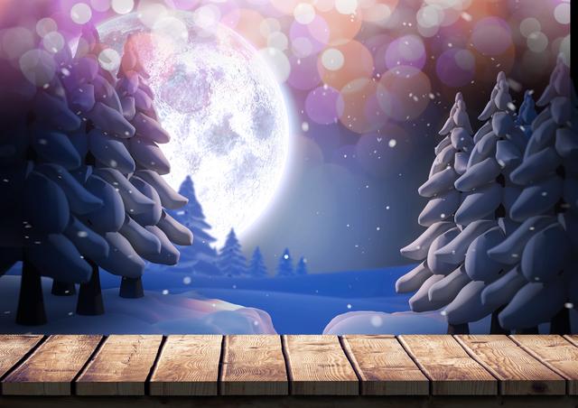 Digital composition of animated snow covered pine trees with wooden boardwalk