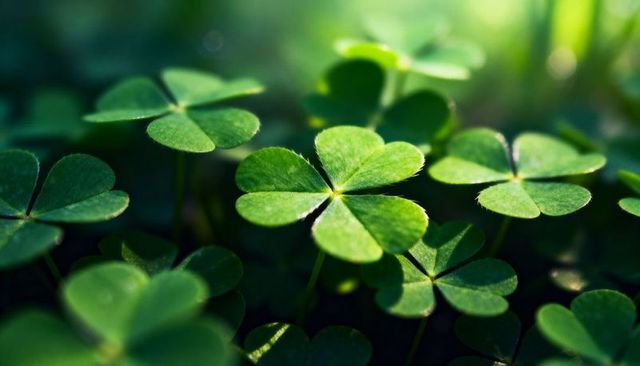 Sunlit clover closeup with detailed veins and soft bokeh, macro greenery texture, fresh spring