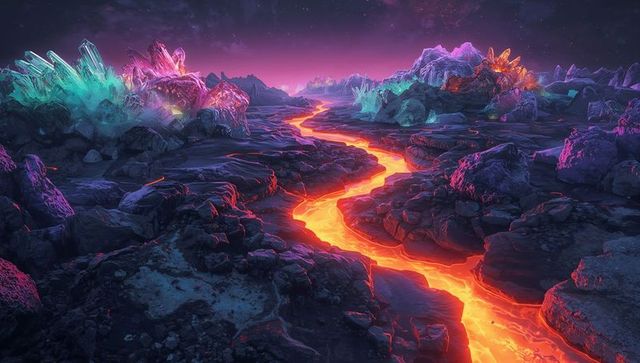 Lava river flowing through neon crystal landscape at night