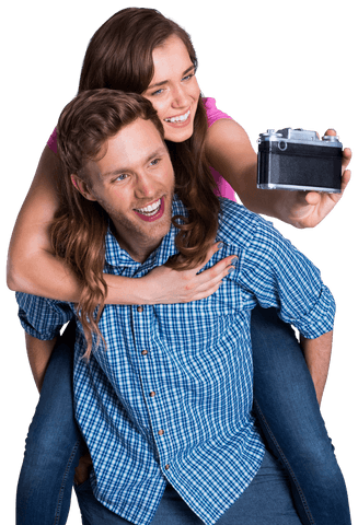 Transparent Background Cheerful Couple Piggyback Selfie