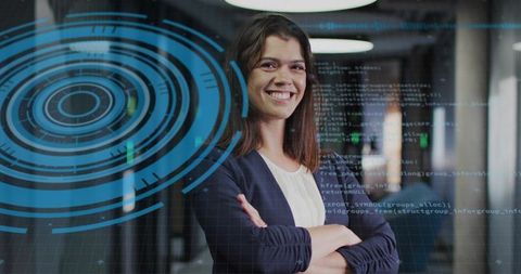 Confident Businesswoman with Futuristic Holographic Interface