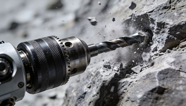 Power drill boring rock face ejecting stone fragments and dust for industrial construction