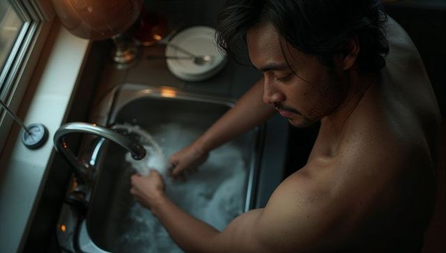 Moody kitchen routine: shirtless man rinsing hands at sink with running water and foam