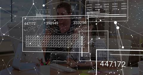 Data analyst navigating virtual interface in office