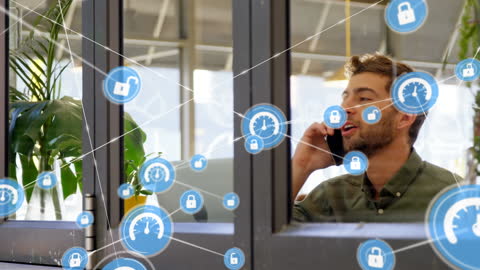 Businessman Engaged in Phone Call with Global Connections Overlay