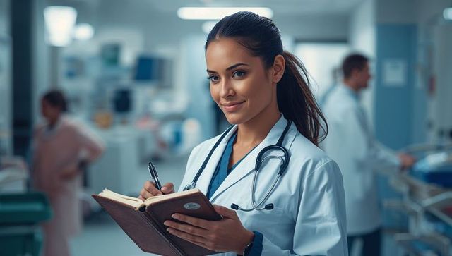 Doctor in hospital corridor taking notes for patient care
