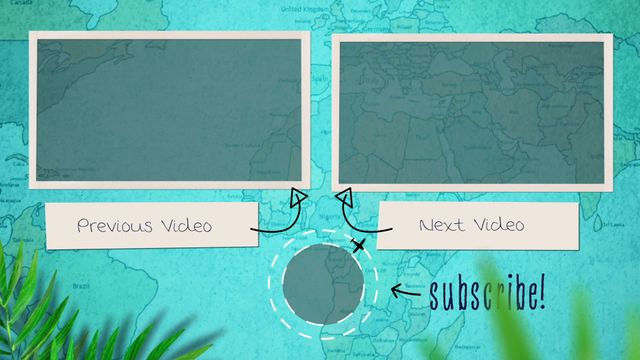 Colorful end screen template ideal for travel vloggers on YouTube. Featuring Subscribe, Previous Video, and Next Video placeholders designed to keep viewers engaged and encourage channel interaction. The world map background enhances a sense of adventure, and the lively aeroplane icon adds animation, making it suitable for insertion at the end of visually captivating travel or exploration videos.