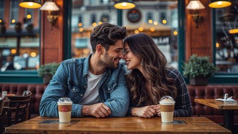 Romantic lovers connecting over coffee at cozy street-side café