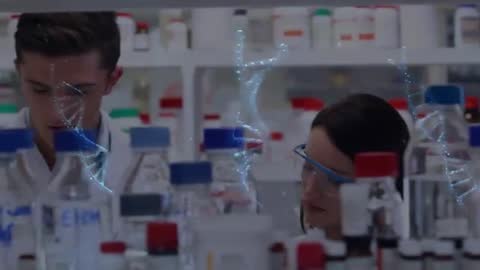 Researchers collaborating at lab bench analyzing genetic samples with DNA helix overlay