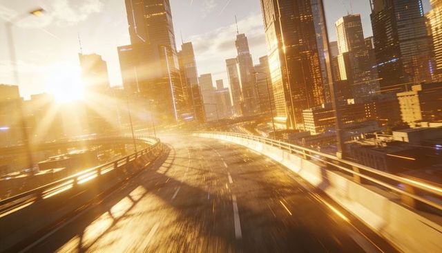 Curving elevated highway leading toward glowing downtown skyline at golden hour with reflections