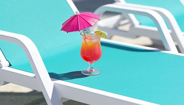 Tropical cocktail resting on turquoise pool lounger with pink umbrella and lime