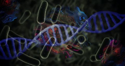 Abstract representation of dna helix with bacteria and data patterns