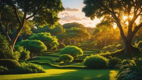 Tranquil sunset over manicured topiary garden landscape, garden of eden concept