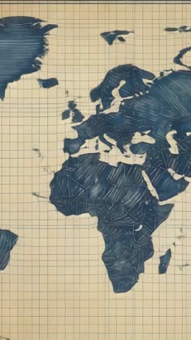 Vertical video panning over hand-drawn blue ink world map on grid paper