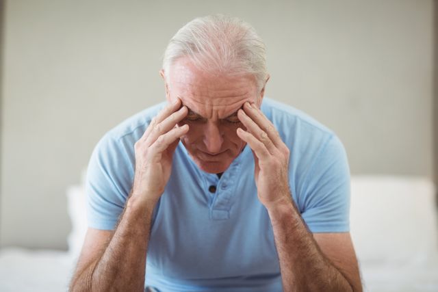 Stressed senior man sitting on bed with head in hands
