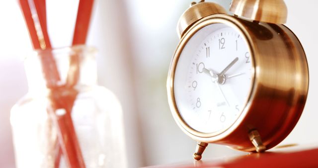 A golden vintage alarm clock placed on a desk with blurred red sticks in a jar forming background. Perfect for themes related to time management, punctuality, retro designs, or vintage decor aesthetics.