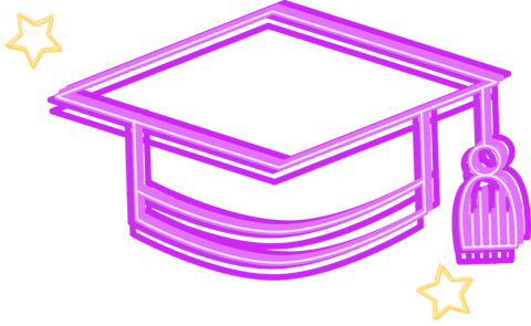 Neon graduation cap with stars on transparent background