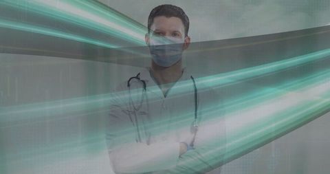 Caucasian Doctor with Mask in Digital Interface Environment