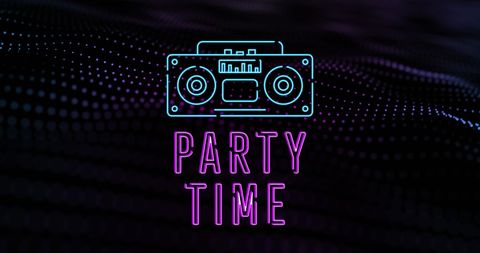 Retro Party Time Neon Text with Boombox on Digital Dots Background