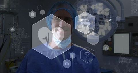 Surgeon smiling wearing scrubs and bouffant cap with digital medical interface overlay