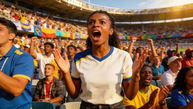Female fan cheering passionately in packed stadium, vibrant flags and sunny match day