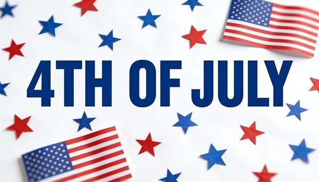 4th of july flatlay with american flags, red and blue star confetti, bold typography