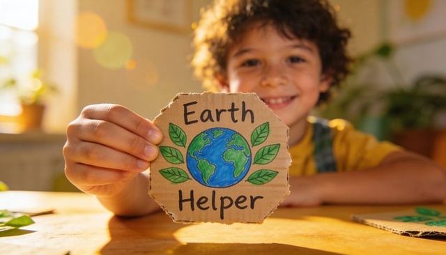Child holding earth helper cardboard sign promoting eco awareness and sustainable craft