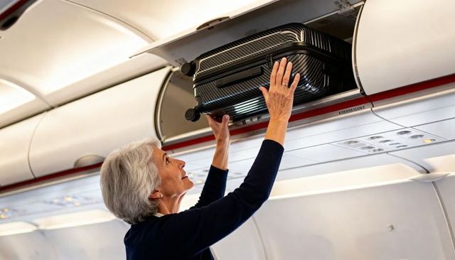 Senior woman reaching to stow carry-on in overhead bin inside airplane cabin during travel