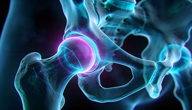 Hip joint anatomy highlighting femoral head and acetabulum with neon magenta glow