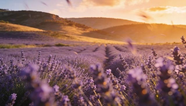Golden Hour Lavender Field with Swaying Blooms and Parallel Rows Toward Sunlit Hills at Sunset
