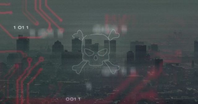 Skull and Crossbones Over Cityscape with Digital Elements