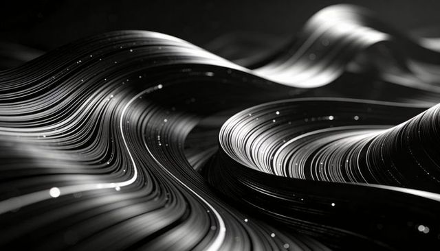 Flowing Metallic Ribbons Creating Layered Monochrome Waves with Luminous Particles