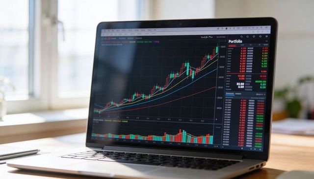 Laptop displaying rising candlestick chart and portfolio panel on sunlit minimalist desk