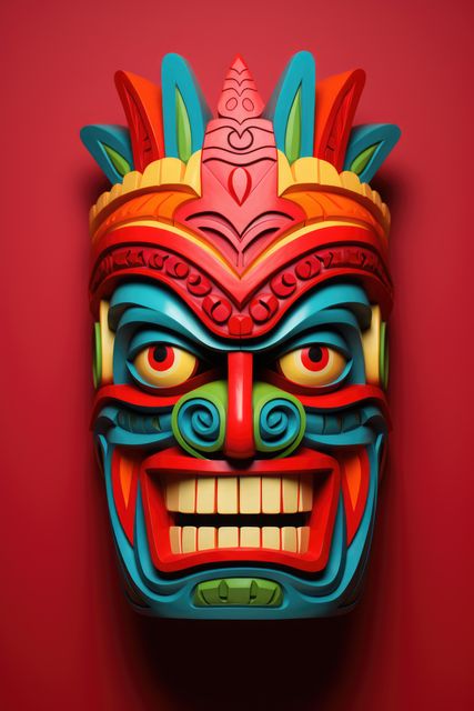 Colourful tiki mask on red background, created using generative ai technology. Culture, tradition, decoration, pattern and colour concept digitally generated image.