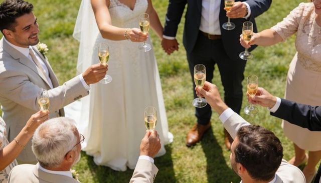 Bridal toast circle raising champagne flutes outdoors bride and groom holding hands