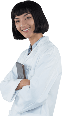 Transparent portrait of smiling female doctor in white coat