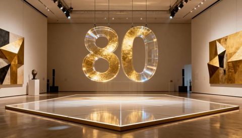 Hanging golden numerals 80 glowing over illuminated platform in contemporary museum gallery